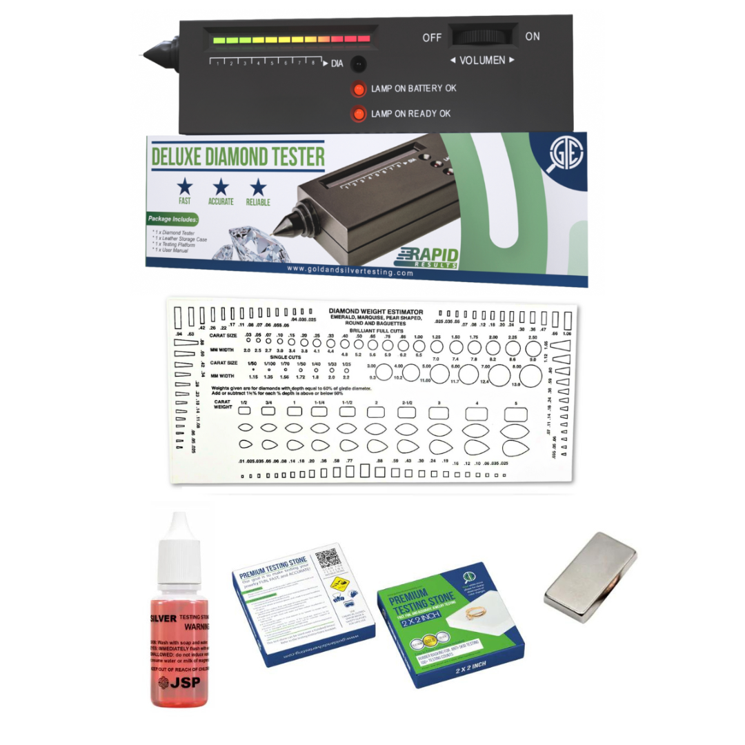 GTE Diamond Analyzer & Rare Earth Magnet Gold & Silver Testing Kit with White 2''x2'' Stone