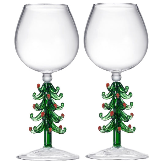 Crystal Green Christmas Tree Wine Glasses - Set of 2, 10oz Goblets for Holiday Parties and New Year's