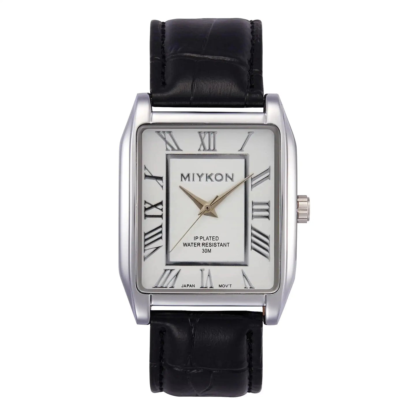 Classic Rectangular Black Genuine Leather Strap Watches for Men - 38mm Ion-Polished Men Watches with Scratch Resistant Glass - 100ft Water Resistant Mens Wrist Watches (Silver Case White Dial Roman Numerals)
