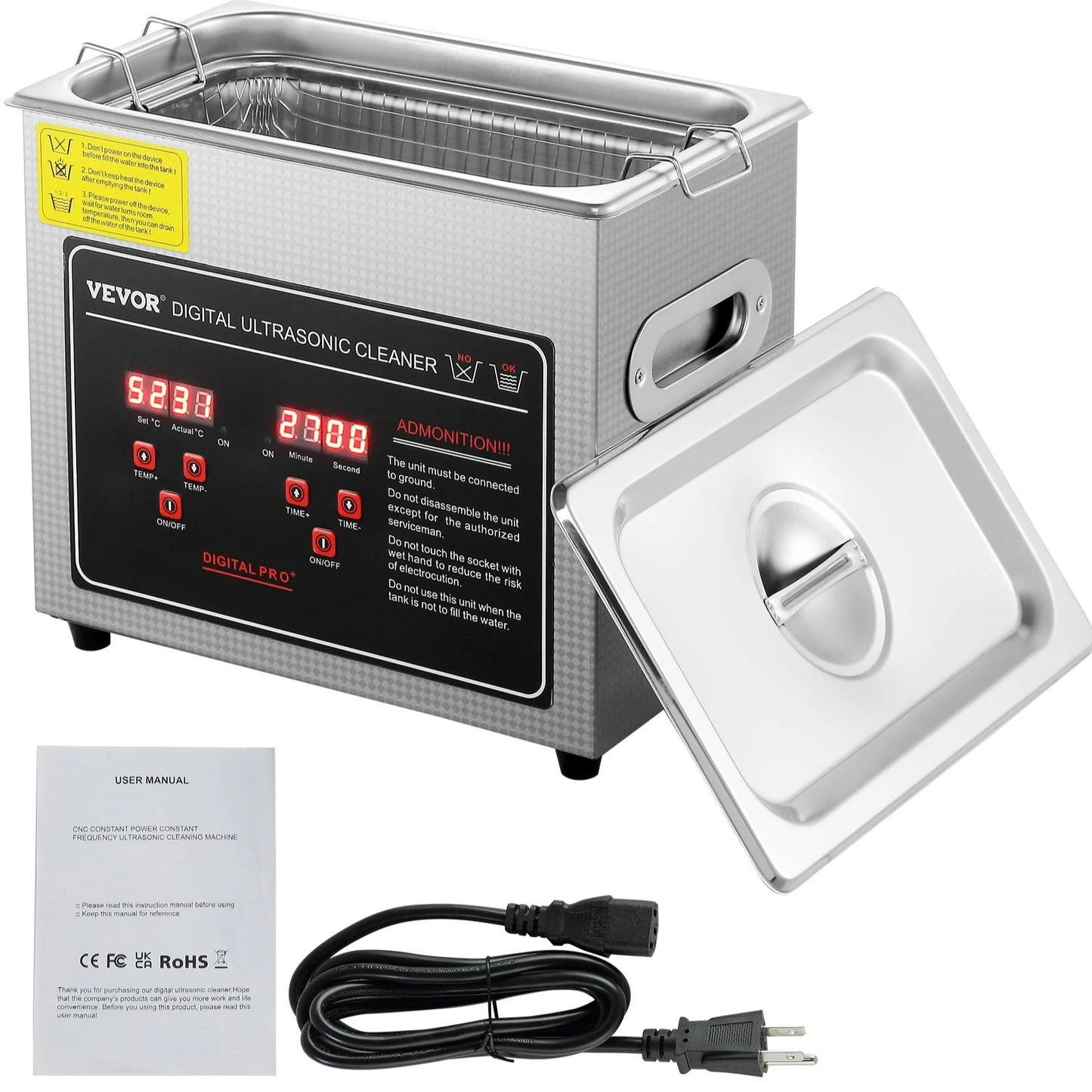 Vevor digital ultrasonic cleaner with control panel, power cord, and user manual on a white background