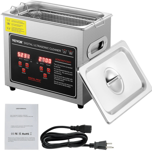 Vevor digital ultrasonic cleaner with control panel, power cord, and user manual on a white background