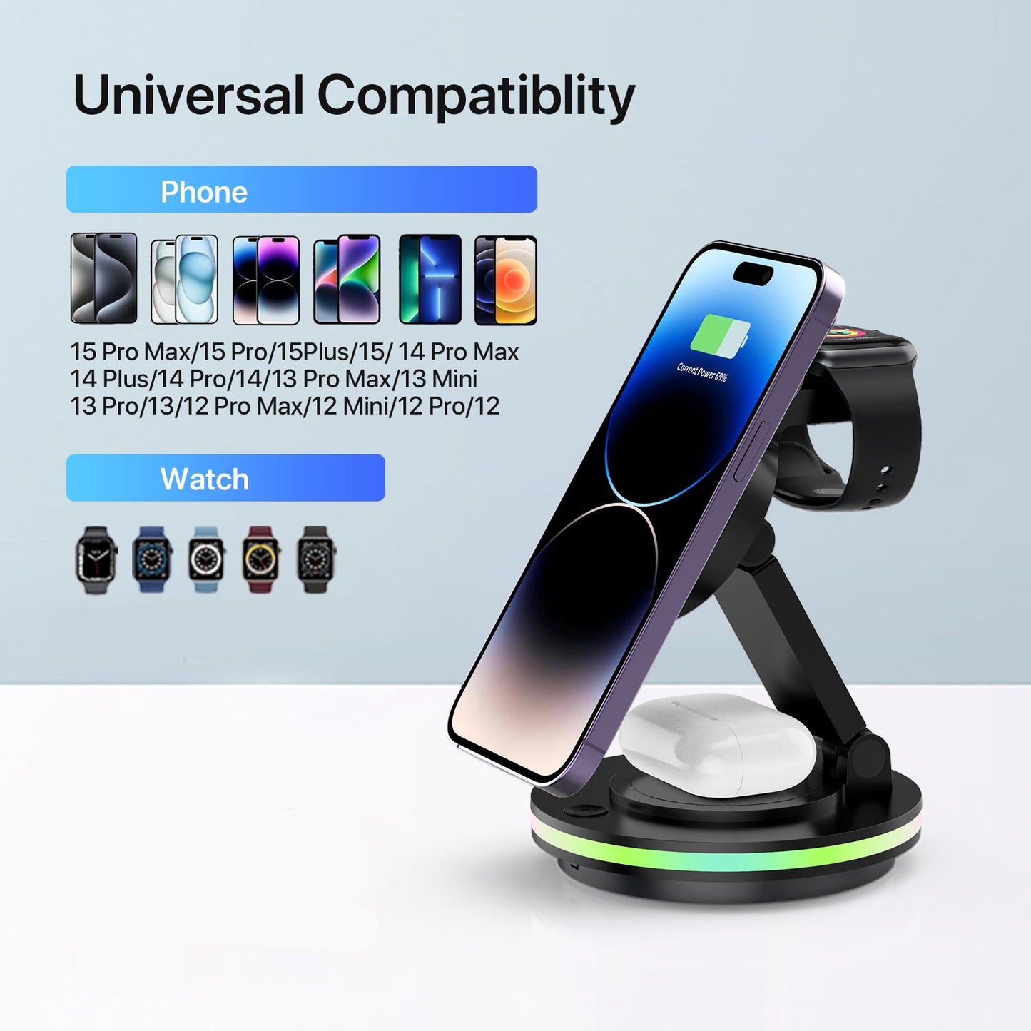 Foldable 4-in-1 Magnetic Wireless Charging Station with 7-Color Night Light for iPhone, Apple Watch & AirPods