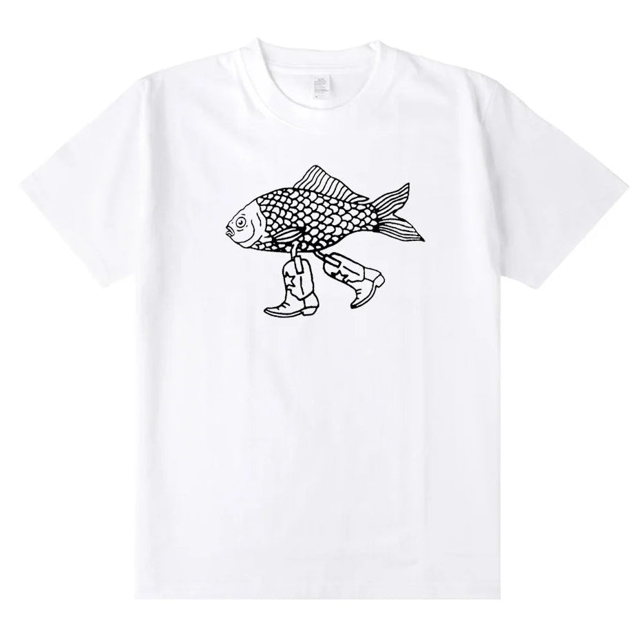 Walking Fish Printing Graphic Funny Tees Women Short Sleeve Loose Cotton Casual T Shirts White Summer Fashion Aesthetic Shirts - Premium  from Lizard Vigilante - Just $43.99! Shop now at Lizard Vigilante