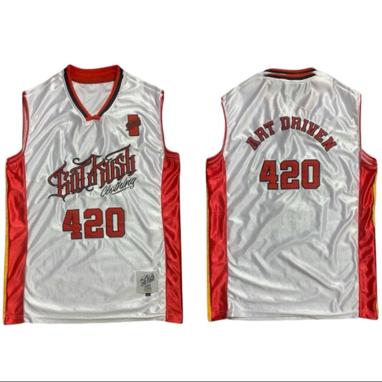 White basketball jersey with red accents and text on a white background