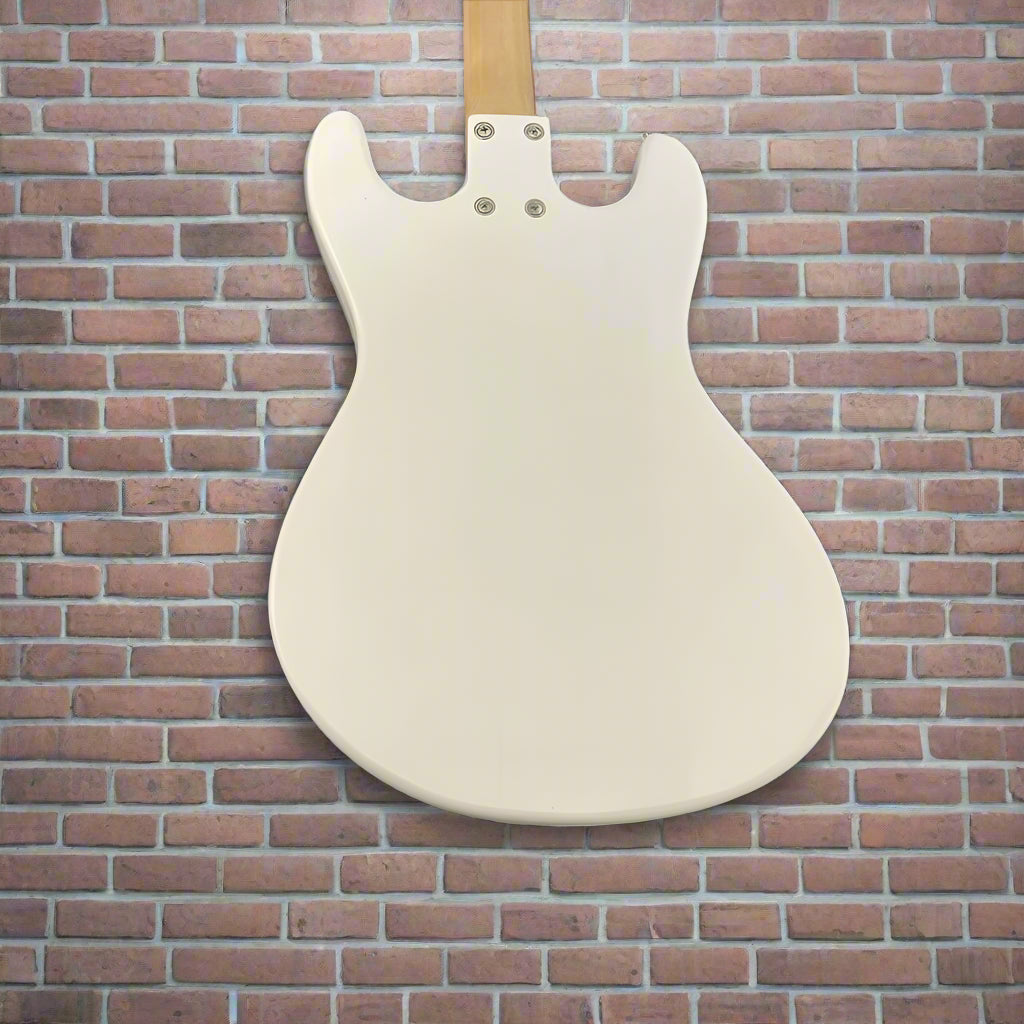 White electric guitar body on a gray background with 'Lucky' label.