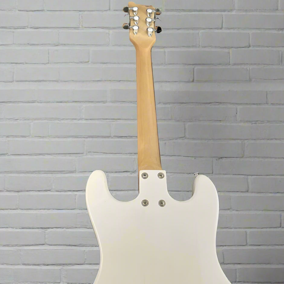 White electric guitar on a gray background with '