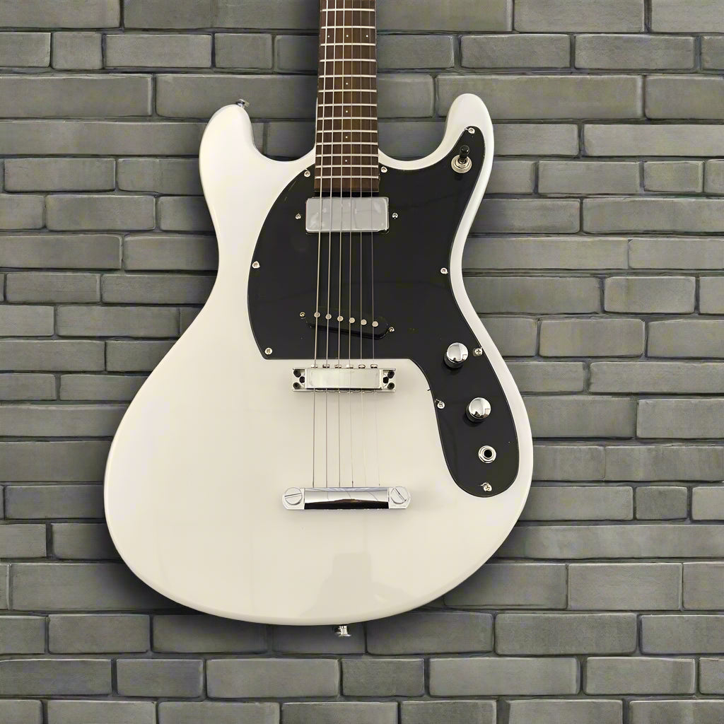 White electric guitar with black pickguard on a gray background, branded 'Lucky'.