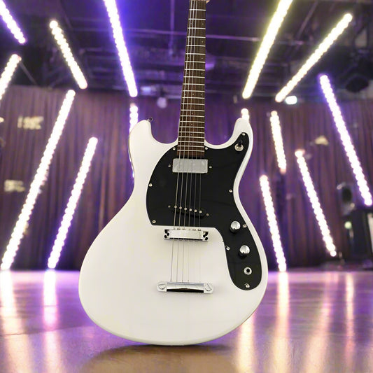 White electric guitar with black pickguard on a gray background, featuring the brand 'Luckly'.