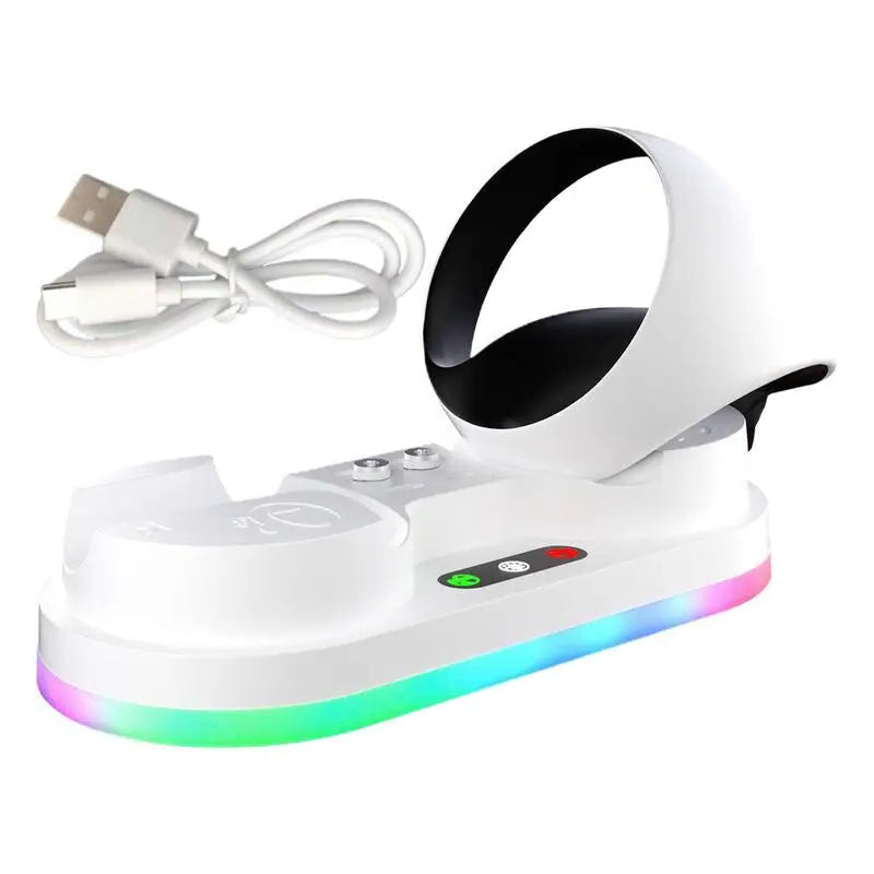 White electronic device with colorful LED lights and a USB cable on a white background