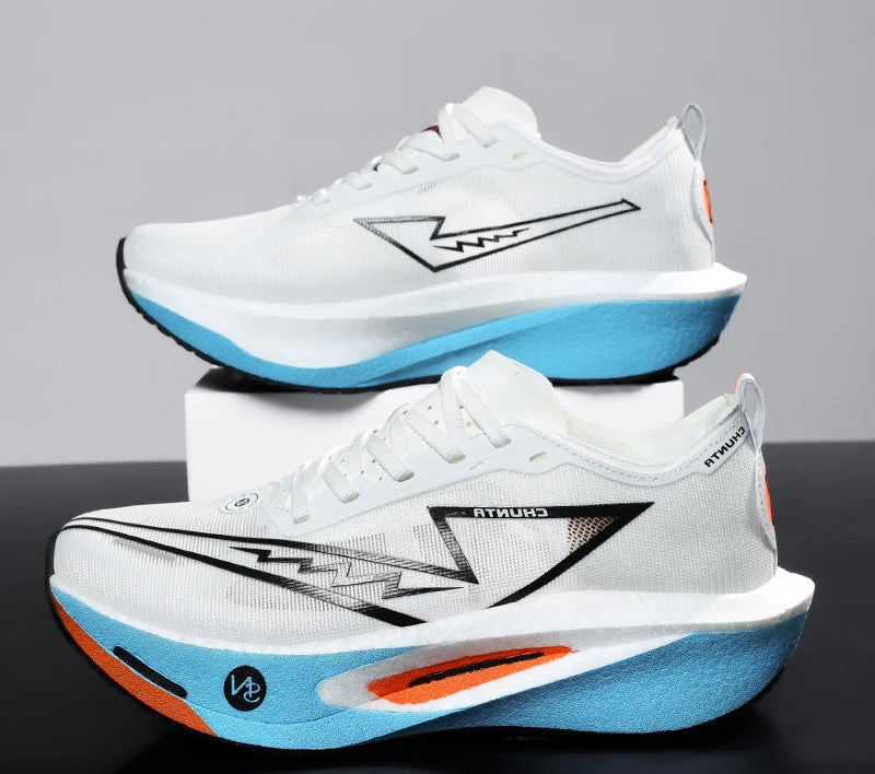 White running shoes with blue and orange sole on a gradient background, featuring a promotional banner at the bottom.