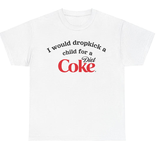 White t-shirt with humorous text and Diet Coke logo on a white background