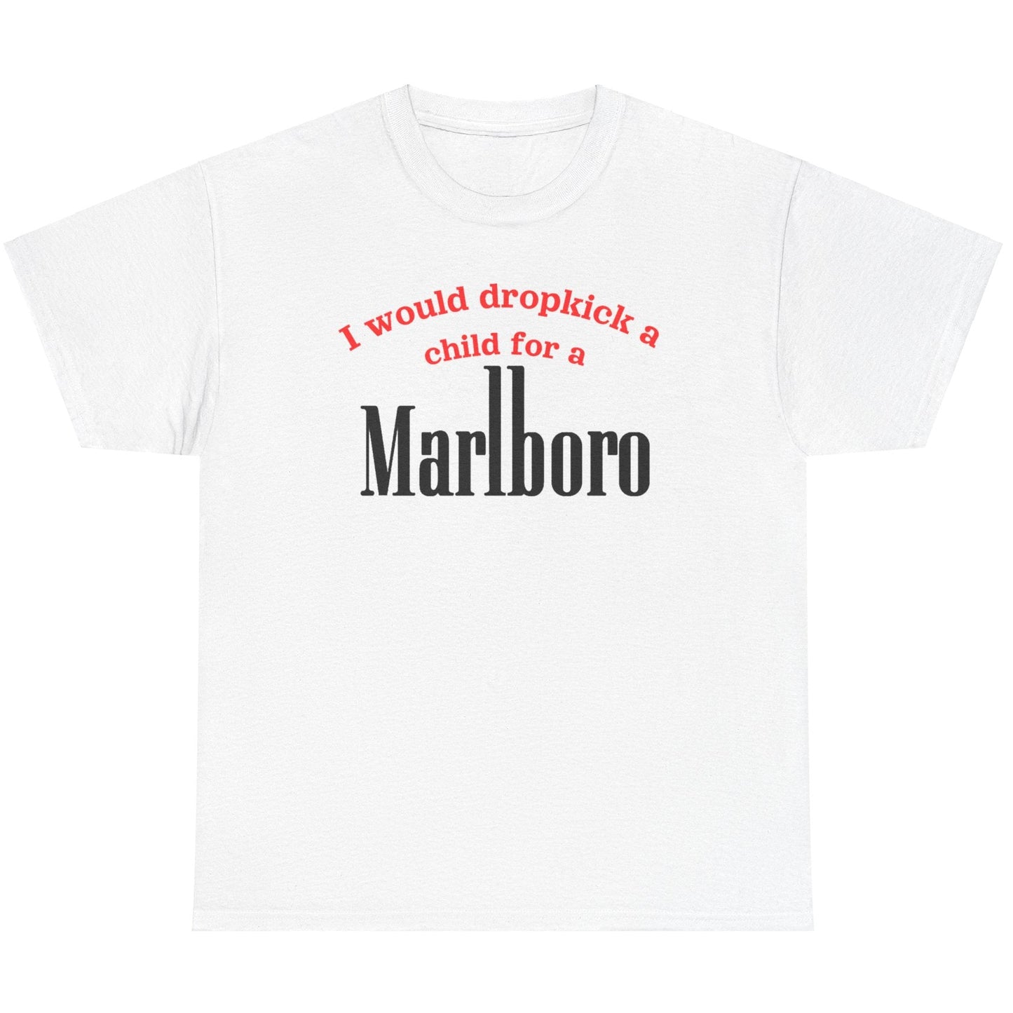 White t-shirt with red and black text on a white background