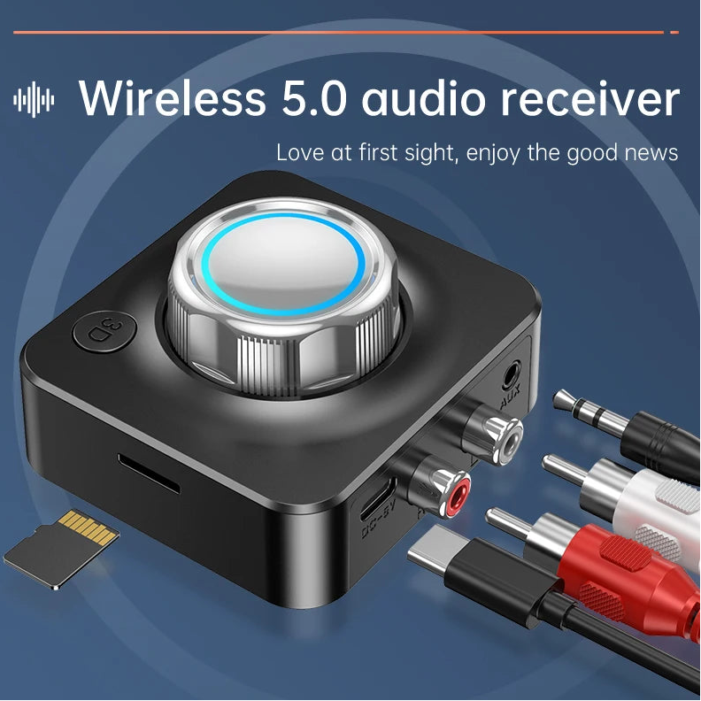 Wireless 5.0 audio receiver with cables on a blue background