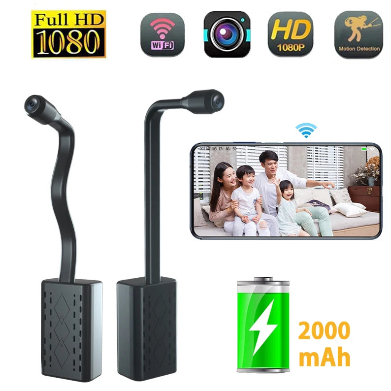 Wireless camera system with smartphone display, battery icon, and features on a white background