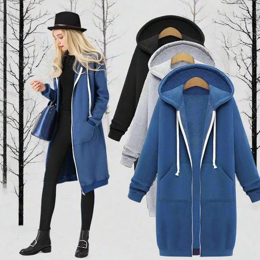 Woman wearing a blue hoodie with a model and close-up of the hoodie on hangers.