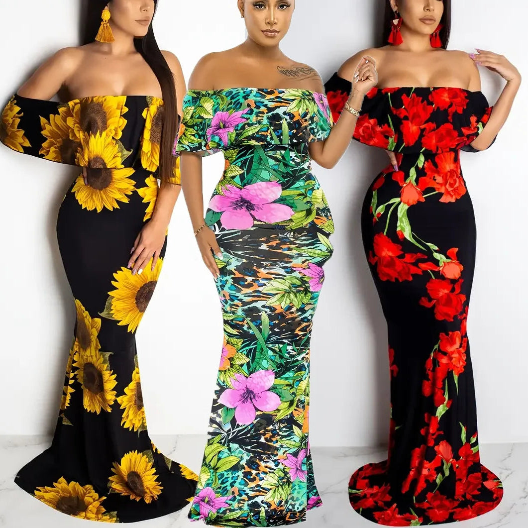 Women Rose Sunflower Floral Print Strapless Sexy Bodycon Slash Neck Off Shoulder Short Sleeve Polyester Floor Length Maxi Dress - Premium  from Lizard Vigilante - Just $51.99! Shop now at Lizard Vigilante