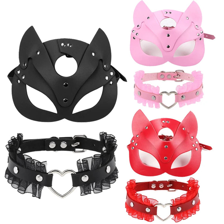 Women’s Sexy Leather Cat Mask with Collar – Half-Face Cosplay & Party Accessory - Premium cat mask from Lizard Vigilante - Just $6.99! Shop now at Lizard Vigilante
