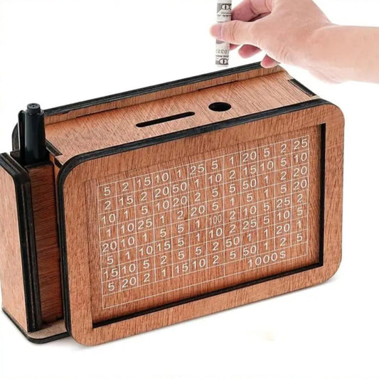 Wooden desk organizer with grid and pen holder, hand placing a pen inside.