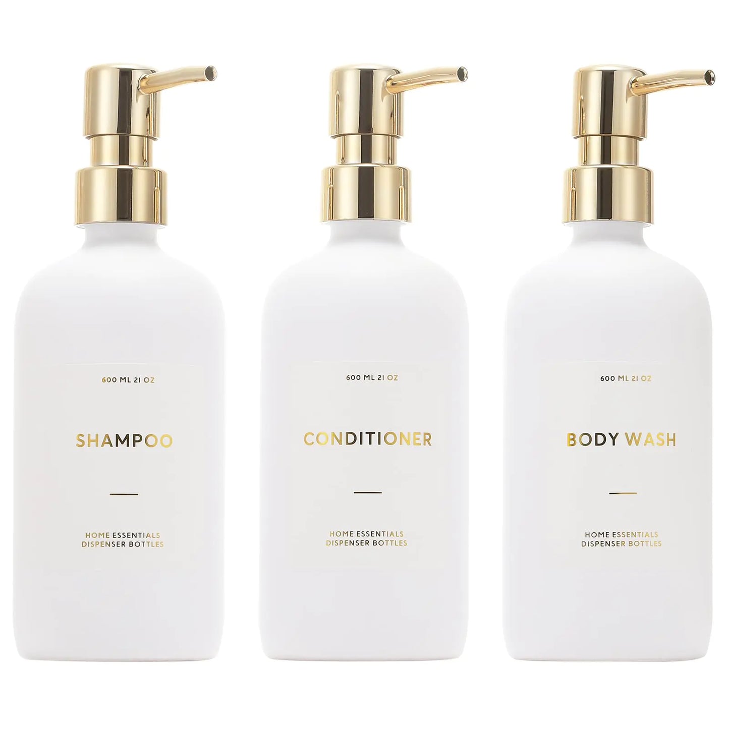 HOMCDALY Shampoo and Conditioner Dispenser 21oz 3-Pack Refillable Shampoo and Conditioner Bottles Shampoo Container Empty Shampoo Pump Bottle Shampoo Pump Dispenser（21oz-White&Gold）