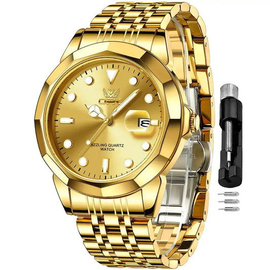 OPK Men Gold Watch Business Dress Large Analog Stainless Steel Watches for Men Day Waterproof Luminous Casual Mens Wrist Watches