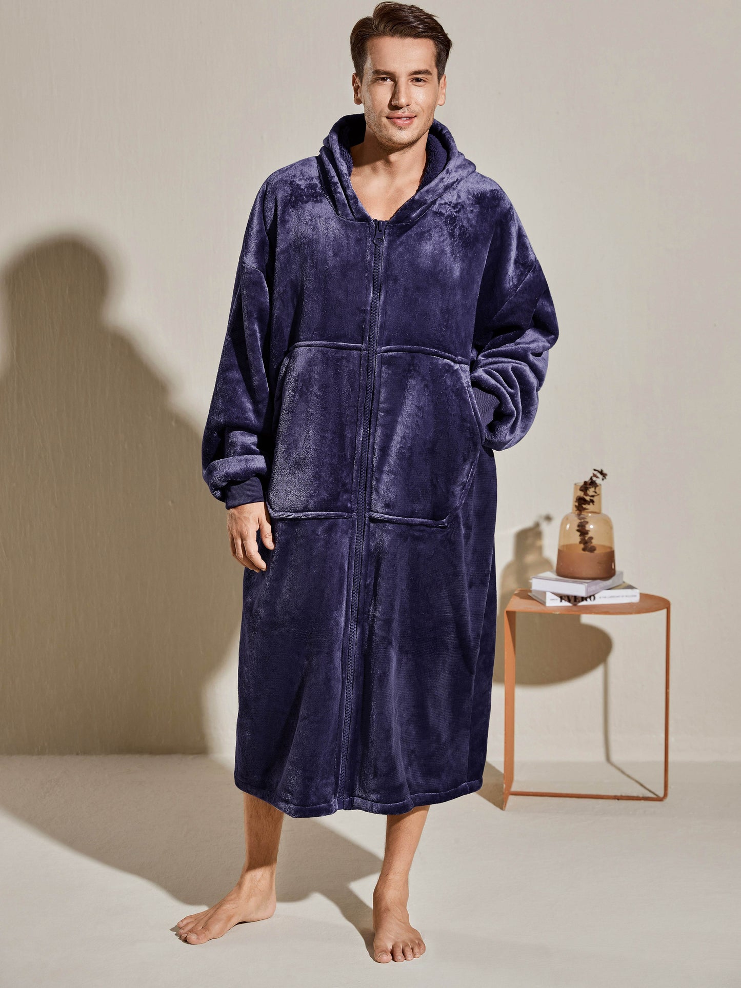 Men's Oversized Warm And Comfortable Flannel Blanket Robe, Long Sleeve Zipper Hoodie Sweatshirt Hooded Sleep Robe With Deep Pocket Pajamas Loungewear Robe For Autumn Winter