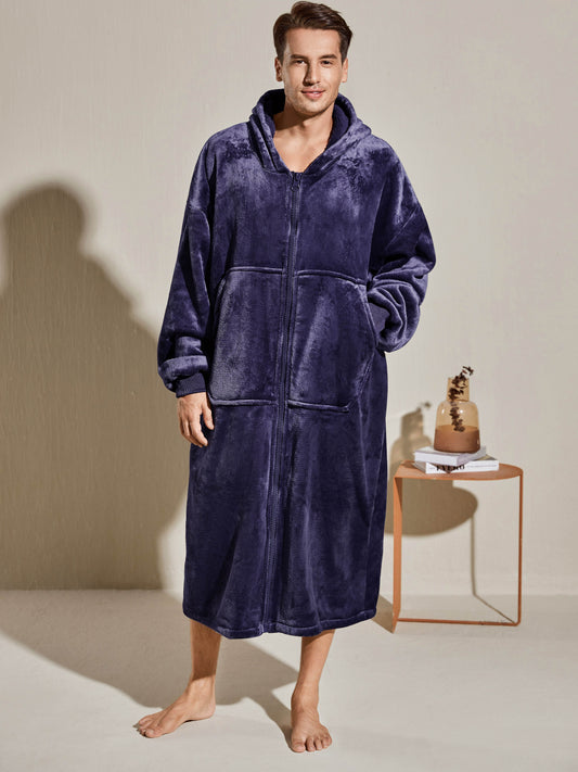Men's Oversized Warm And Comfortable Flannel Blanket Robe, Long Sleeve Zipper Hoodie Sweatshirt Hooded Sleep Robe With Deep Pocket Pajamas Loungewear Robe For Autumn Winter