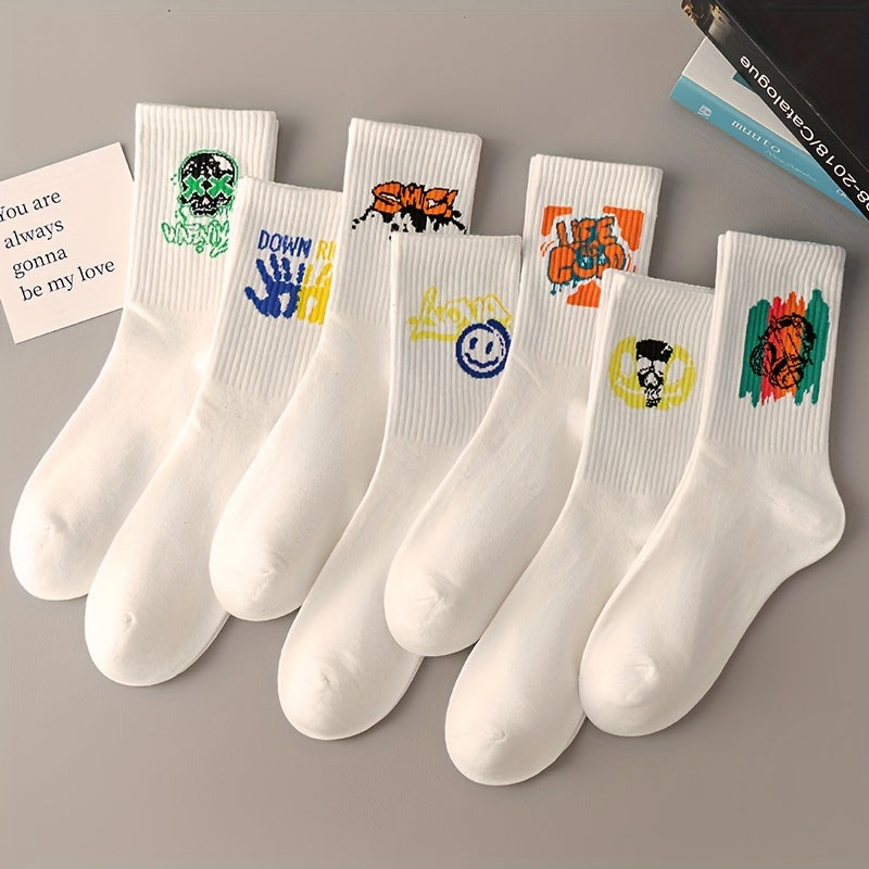 3/6/8/10/12 Pairs Of Medium Length Socks With Graffiti And Spray Painting For Personalized Fashion, Comfort, And Durability