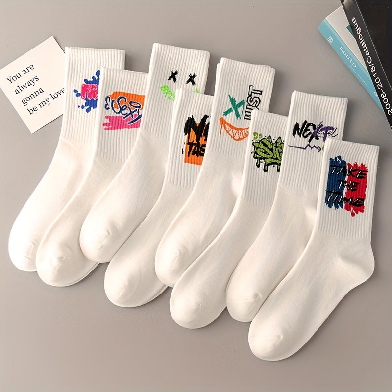 3/6/8/10/12 Pairs Of Medium Length Socks With Graffiti And Spray Painting For Personalized Fashion, Comfort, And Durability