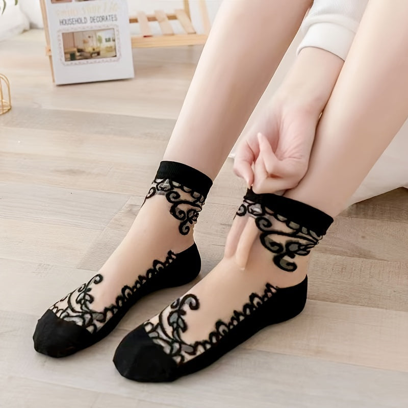 5 Pairs Embroidered Mesh Socks, Thin & Comfy Mid Tube Socks, Women's Stockings & Hosiery