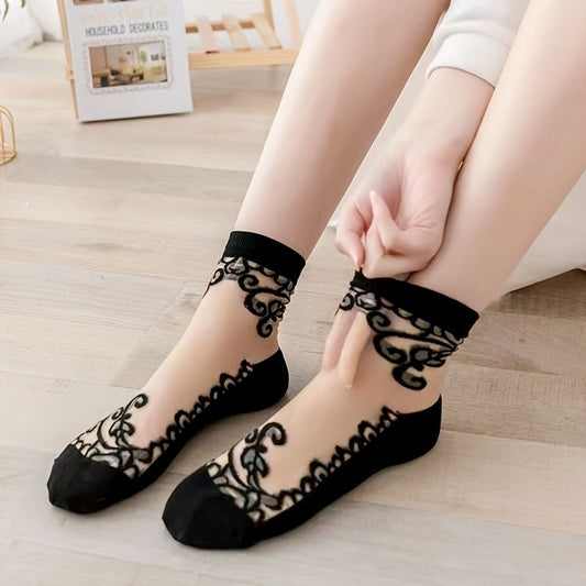 5 Pairs Embroidered Mesh Socks, Thin & Comfy Mid Tube Socks, Women's Stockings & Hosiery