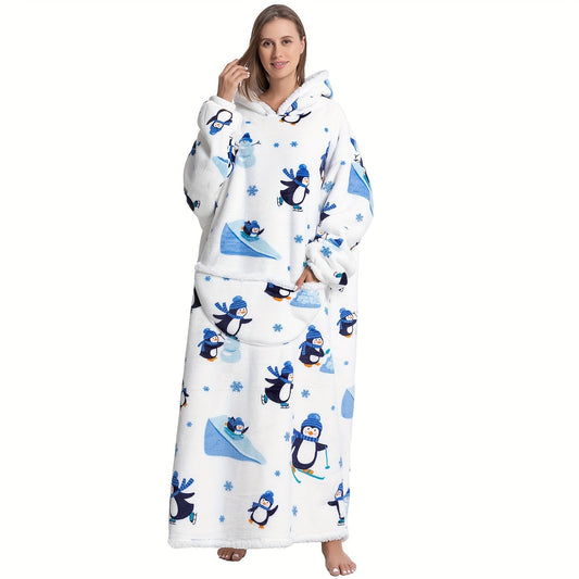 1pc Extra Long Oversized Cat Print Sherpa Fleece Hooded Blanket Sweatshirt - Ultra Soft, Warm, Wearable, Machine Washable, and Industrial Style - Perfect Gift for Women and Men Adults