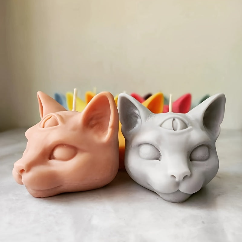 1pc 3D Three Eyed Cat Resin Scented Candle Wax Silicone Mold, DIY Evil Cat Head Silicone Molds For Candle Chocolate Making Epoxy Soap Casting, Animal Shape Molds For Halloween Gifts Home Decor