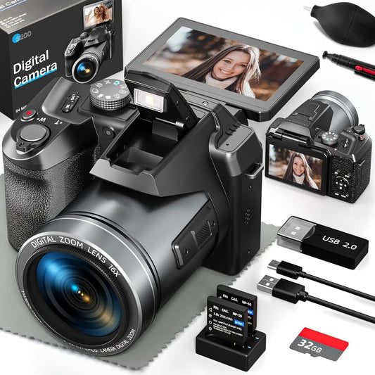 NBD 64MP Digital Camera for Photography, 5K Vlogging Camera for YouTube with 3" Flip Screen, 16X Digital Zoom, Autofocus, 2 Batteries, 32GB TF Card(S205, Black)