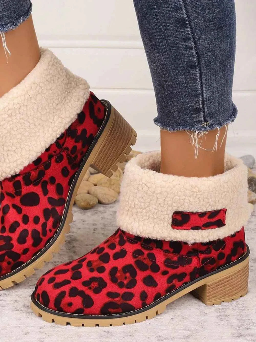 Leopard Block Heel : Fuzzy Boots
