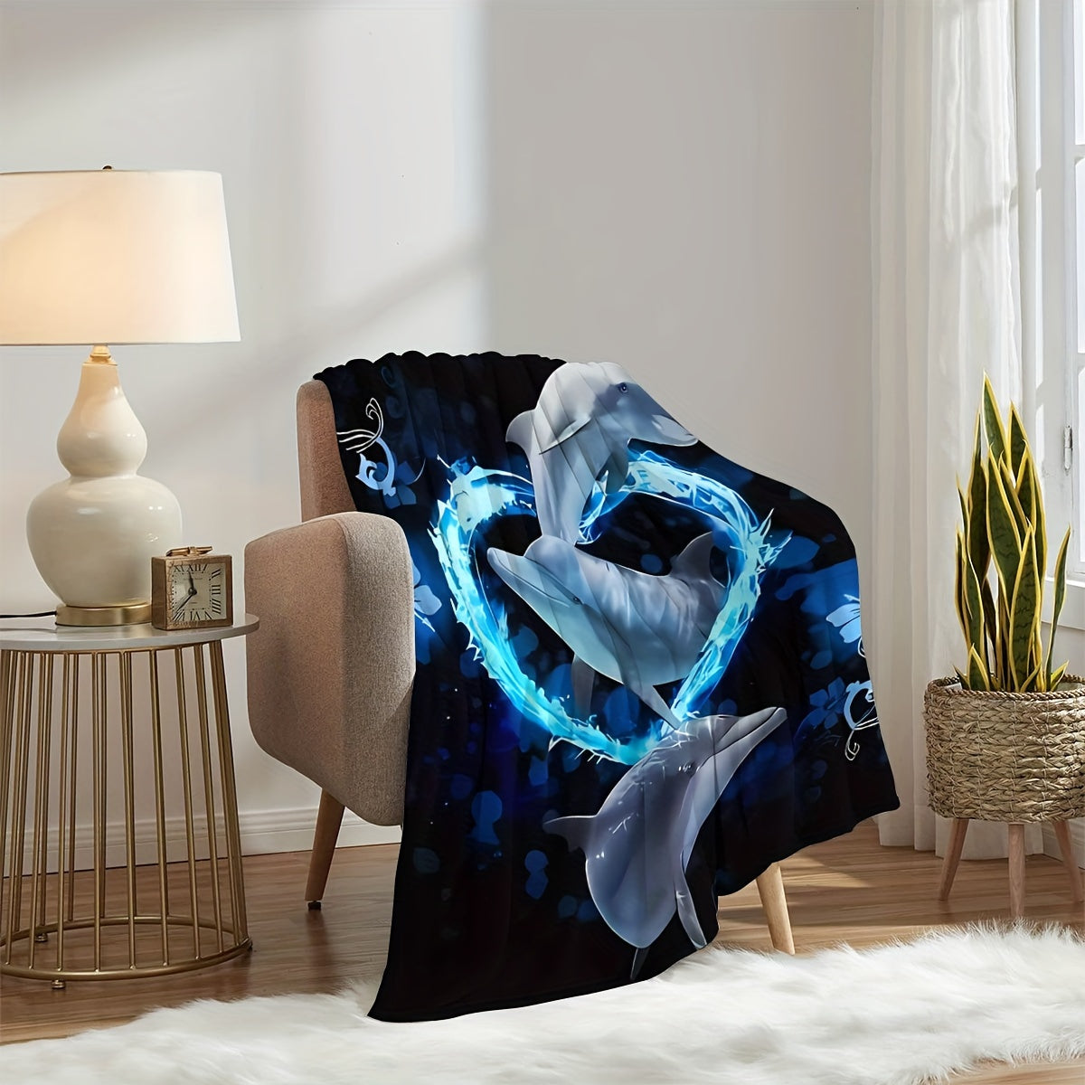 1pc Contemporary Reversible Flannel Blanket, 3D Digital Printed Blue Dolphin Design, All-Season Multipurpose Knitted Polyester Throw for Sofa, Room, Camping, Beach, Party, Office Break - 200-250gsm