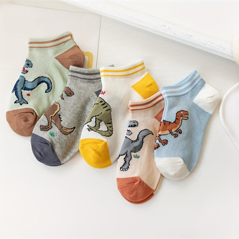 5 Pairs Of Boy's Trendy Dinosaur Pattern No Show Socks, Comfy Breathable Casual Soft Socks For Kid's Outdoor Activities