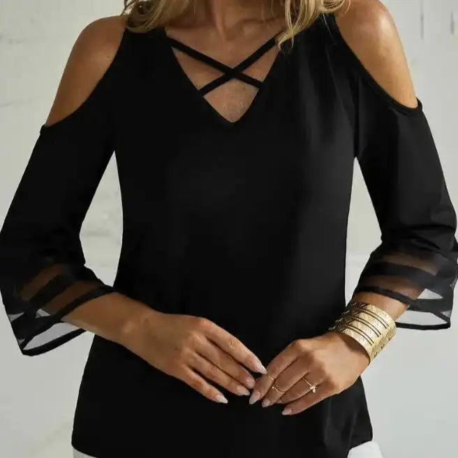 Ladies' Solid Color Collar Cross Design Off Shoulder Fashionable Casual Mid Long Sleeved T-shirt Top