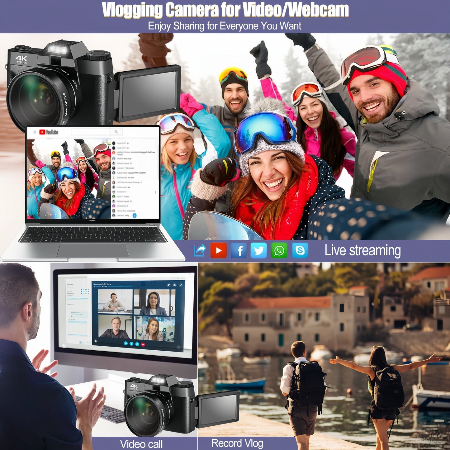 4K 48MP 16X Autofocus Digital Camera for Photography and Video, WiFi Enabled, 3" 180° IPS Flip Screen, Anti-Shake, Compact Vlogging Camera with 32GB Card and 2 Batteries