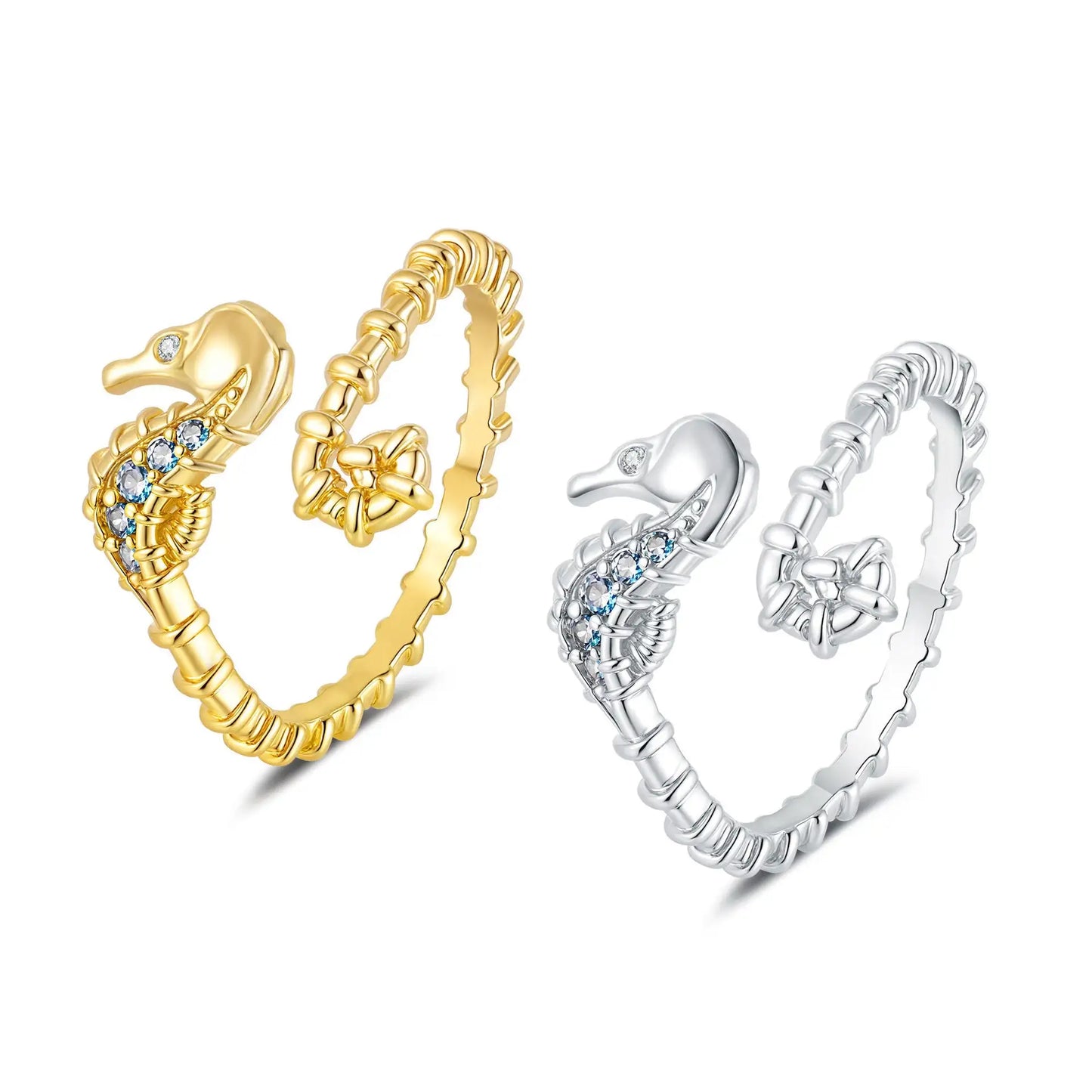 Ocean Seahorse Open Ring Female Inlaid With Green Zirconium