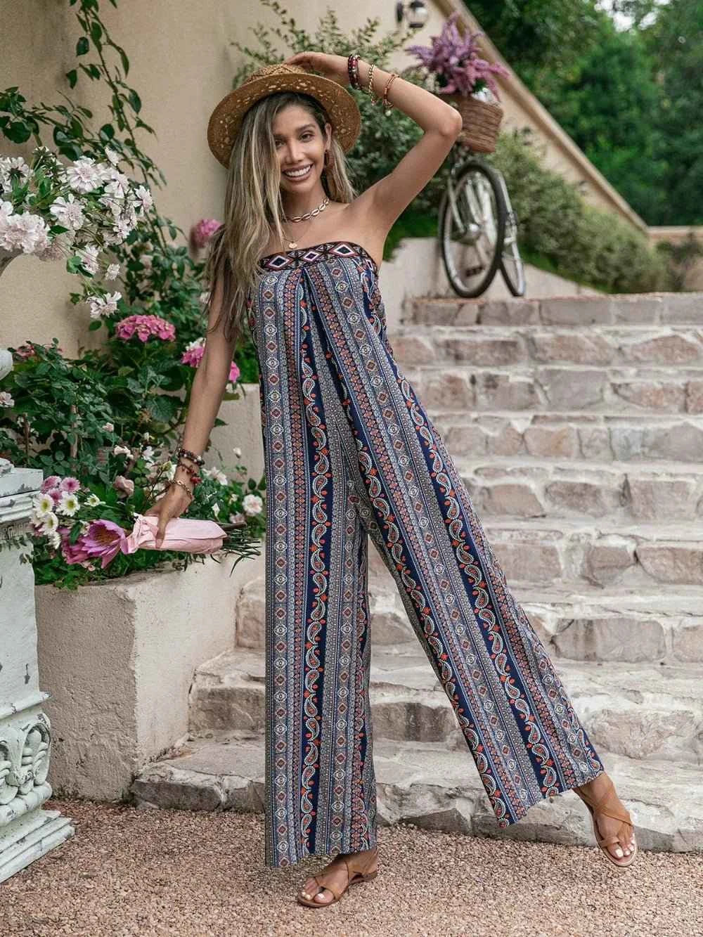 Tied Printed Tube : Wide Leg Jumpsuit