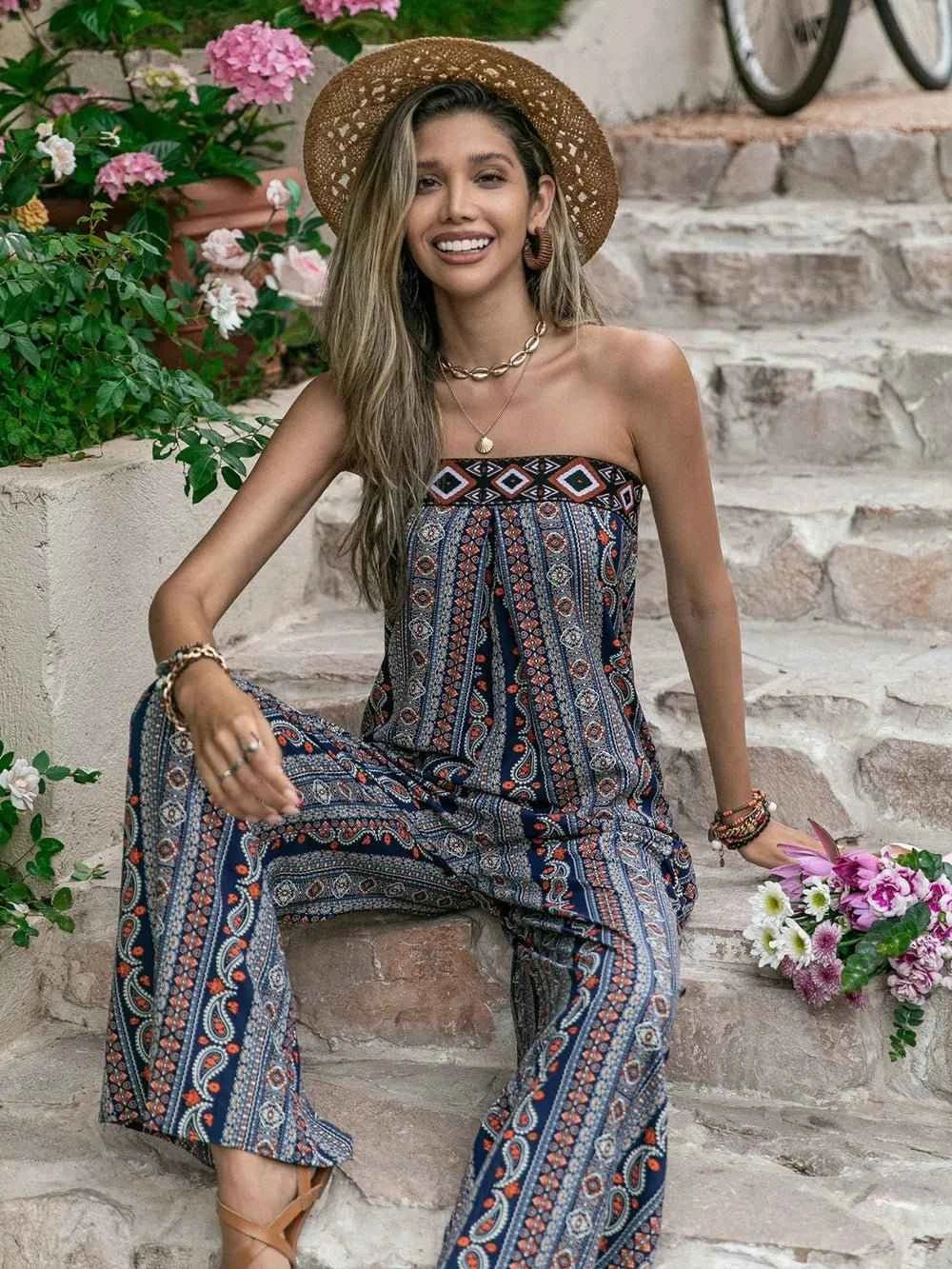 Tied Printed Tube : Wide Leg Jumpsuit