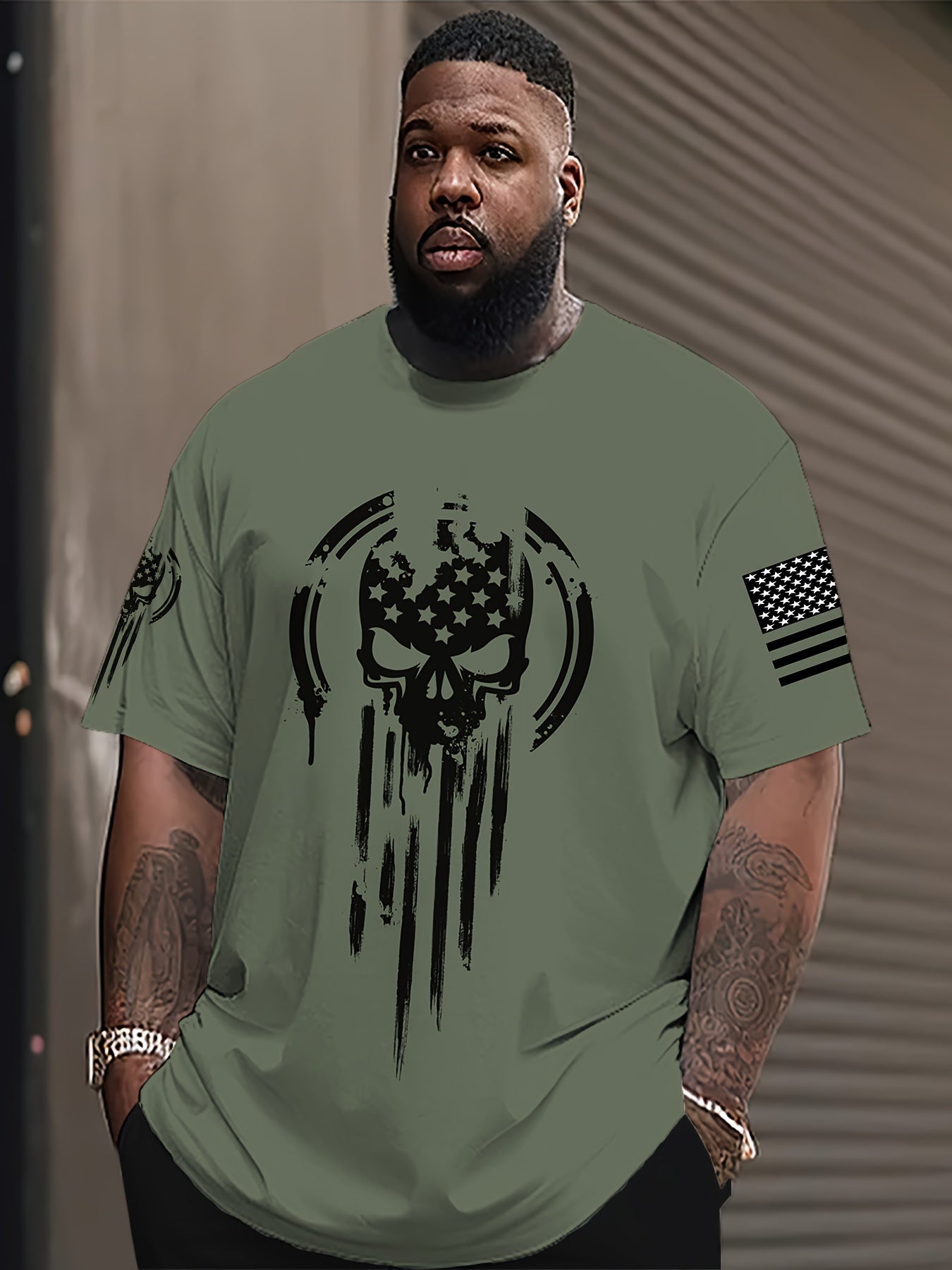 Men's 3D American Warrior Skull Military Print T-Shirt – Casual Sports Crew Neck, Polyester Knit with Slight Stretch - Premium T-Shirts from Lizard Vigilante - Just $29.99! Shop now at Lizard Vigilante