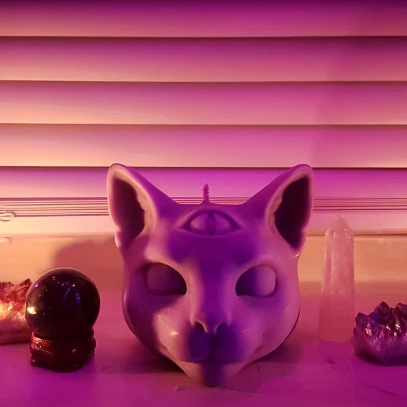 1pc 3D Three Eyed Cat Resin Scented Candle Wax Silicone Mold, DIY Evil Cat Head Silicone Molds For Candle Chocolate Making Epoxy Soap Casting, Animal Shape Molds For Halloween Gifts Home Decor