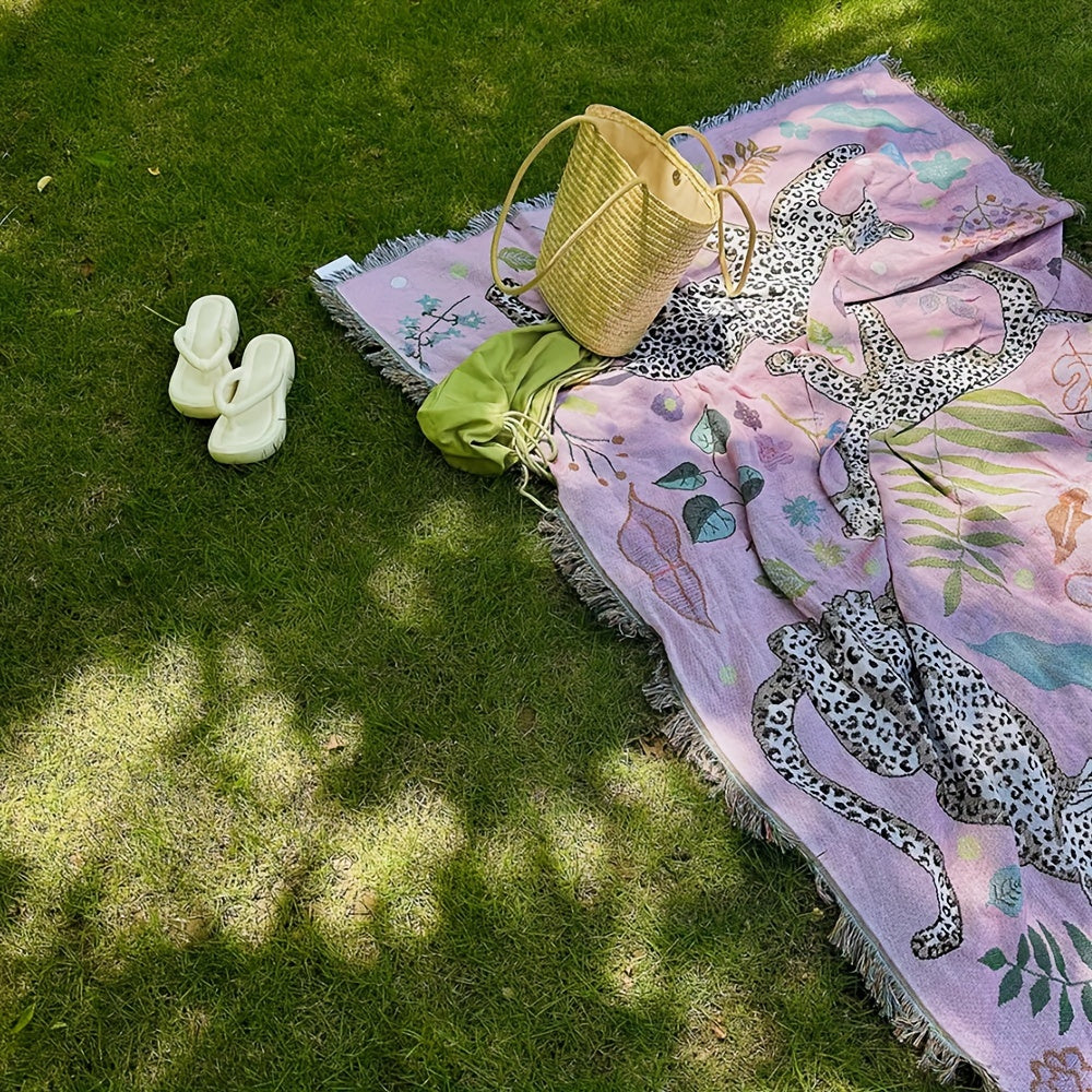 Bohemian Knitted Leopard Tassel Blanket, Suitable For Camping, Casual Picnic, Multifunctional Throw Blanket