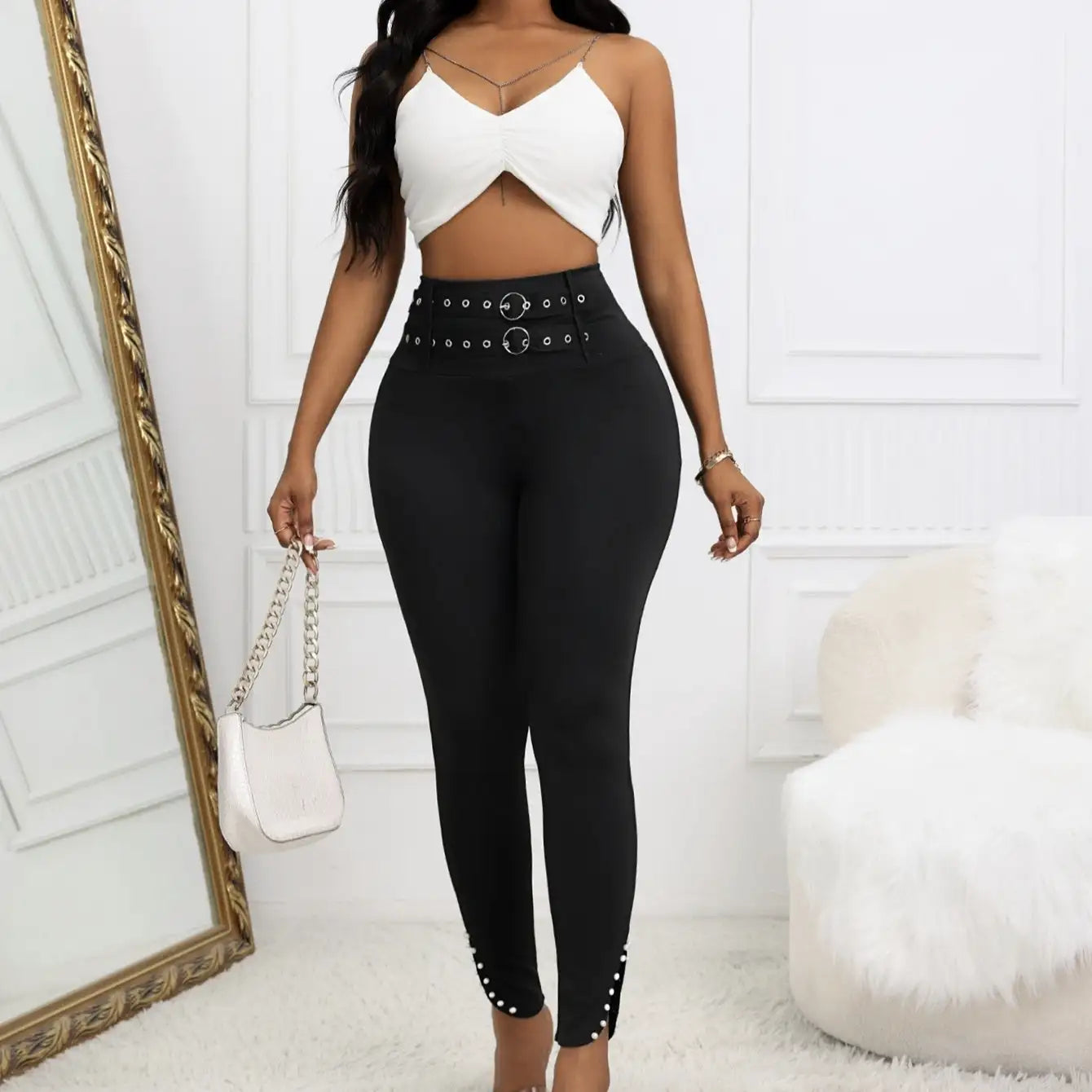 Ladies' Solid Color Casual Style Tight Fitting High Waist Slim Fit Slit Detail Pants Waist Ring Fake Belt Design Sense Tapered Pants