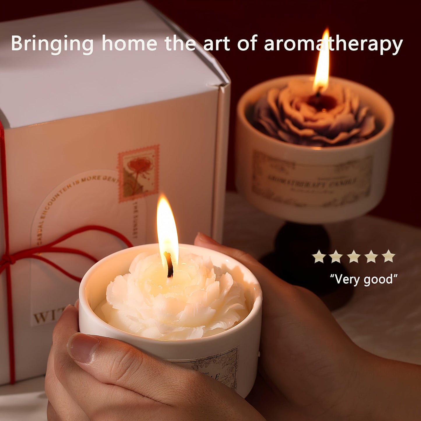 Luxury Soy Wax Scented Candle - 5.3oz Rose, Lavender, Gardenia | Elegant Gift Box for Christmas, Birthdays & Graduations | Home Decor with Ceramic Container & Wooden Base