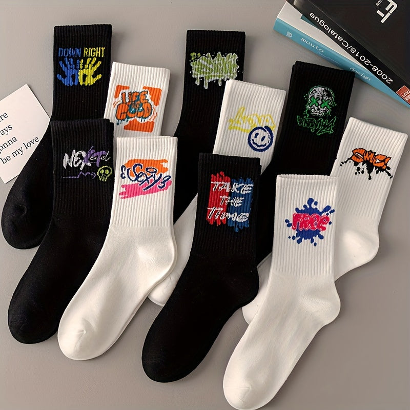 3/6/8/10/12 Pairs Of Medium Length Socks With Graffiti And Spray Painting For Personalized Fashion, Comfort, And Durability