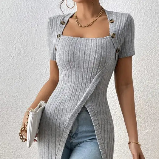 Ladies' Versatile Solid Color Elegant Style Square Neck Button Detail Wrapped Edge Slit Long T-shirt Top
