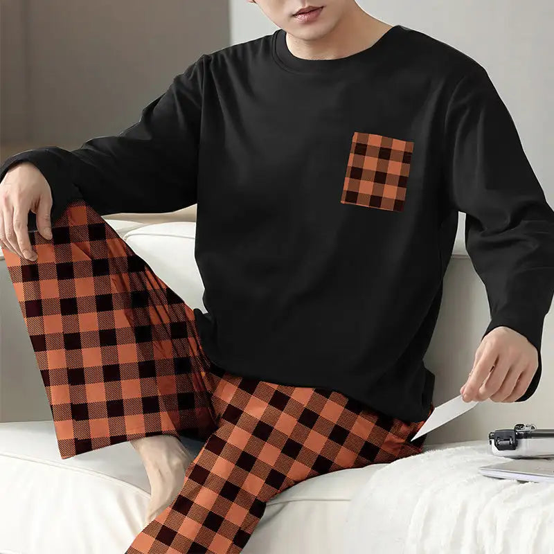 Ice Silk Long Sleeve Long Pants Men's Pajama Set