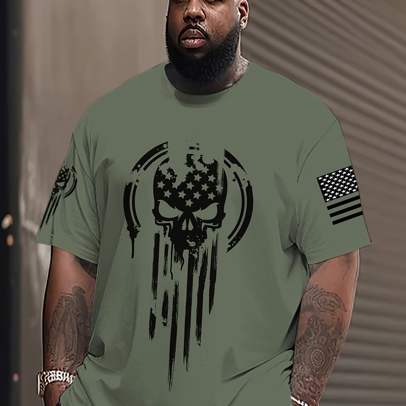 Men's 3D American Warrior Skull Military Print T-Shirt – Casual Sports Crew Neck, Polyester Knit with Slight Stretch - Premium T-Shirts from Lizard Vigilante - Just $29.99! Shop now at Lizard Vigilante